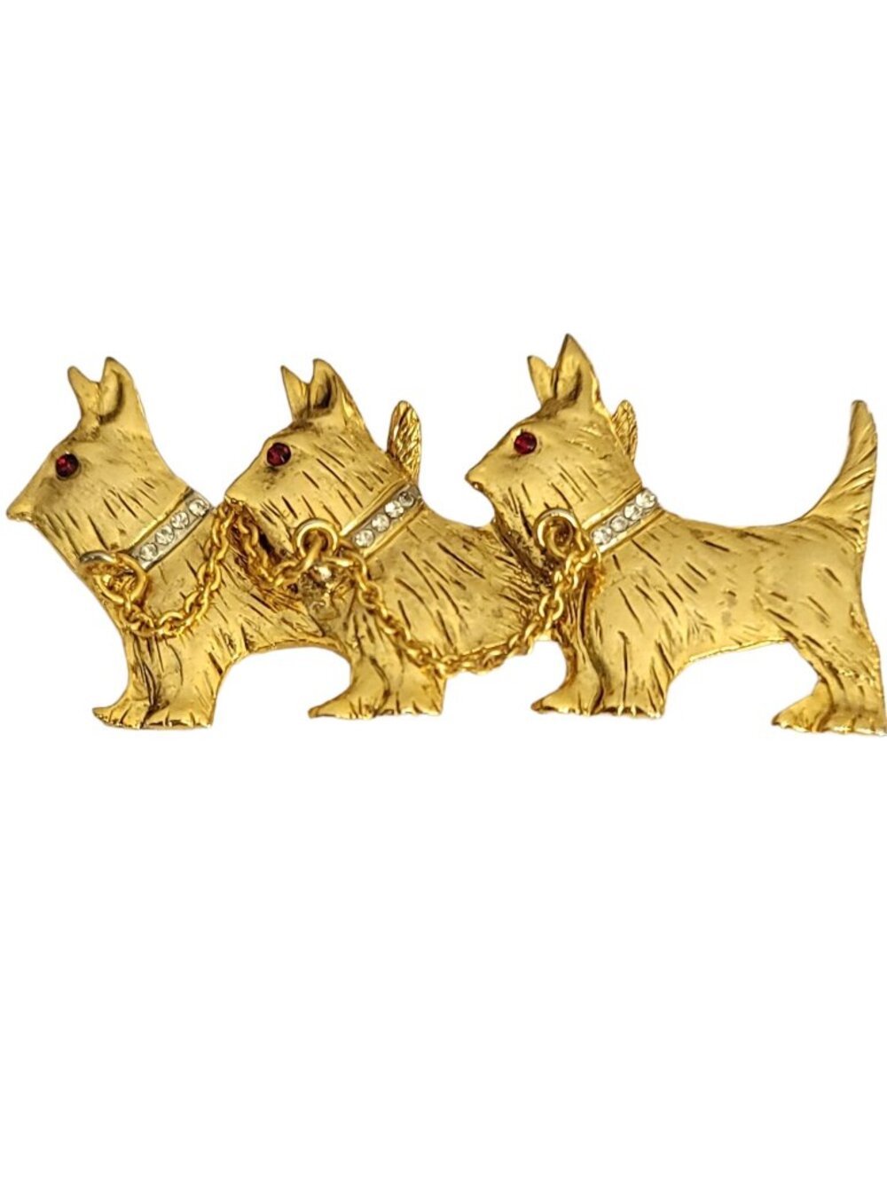 Gold Tone Red, Clear Rhinestone Scottie Terrier Dogs Trio Chain Collar Pin K602